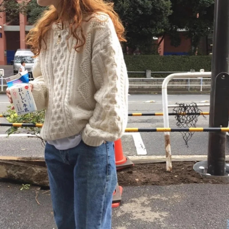 Wool Knit O-Neck Pullover Sweater with Puff Sleeves