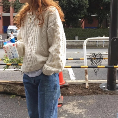Wool Knit O-Neck Pullover Sweater with Puff Sleeves