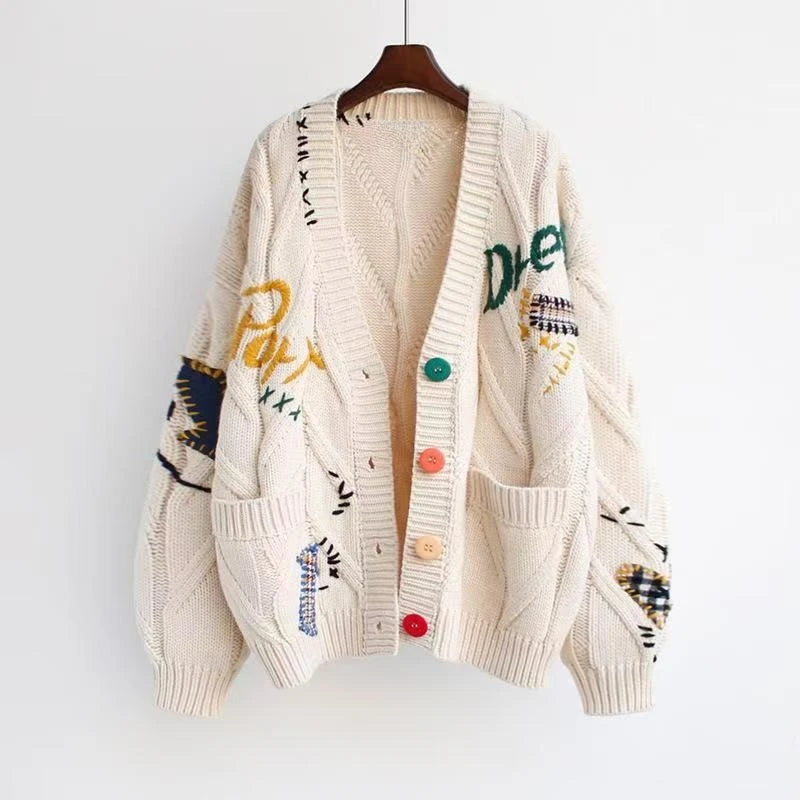 Letter Cable Knit V-Neck Cardigan with Embroidery and Pockets