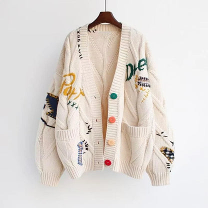 Letter Cable Knit V-Neck Cardigan with Embroidery and Pockets
