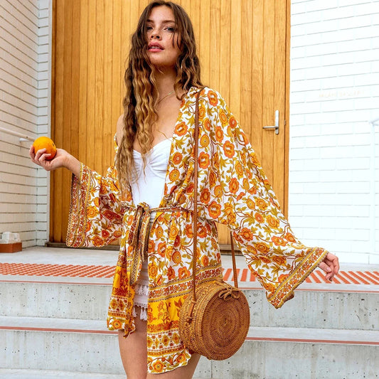 Boho Yellow Floral Print Kimono Blouse