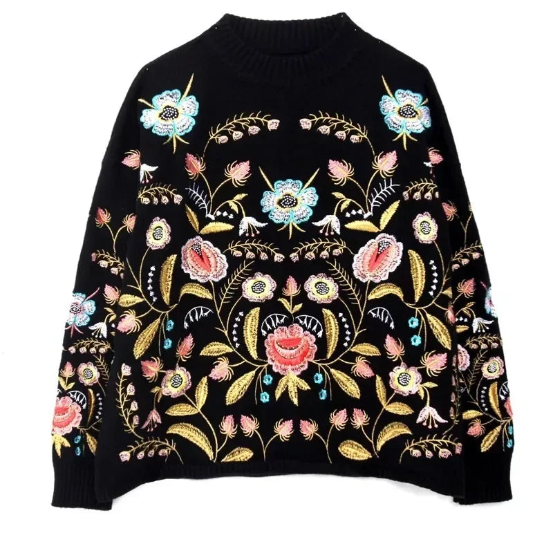 Women's Boho Black Floral Embroidery Knit Pullover Sweater