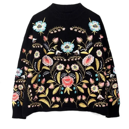 Women's Boho Black Floral Embroidery Knit Pullover Sweater