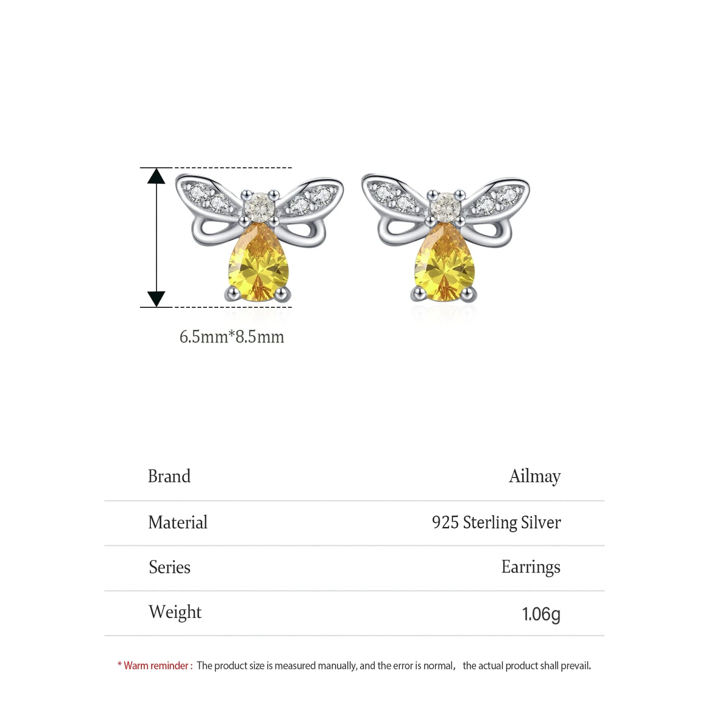 925 Sterling Silver Cute Yellow Zircon Bee Earrings