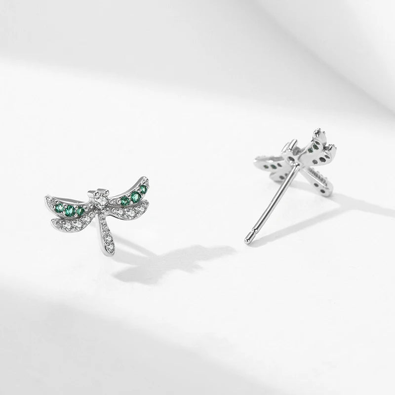925 Sterling Silver Elegant Dragonfly Green CZ Stud Earrings