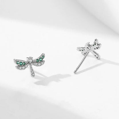 925 Sterling Silver Elegant Dragonfly Green CZ Stud Earrings