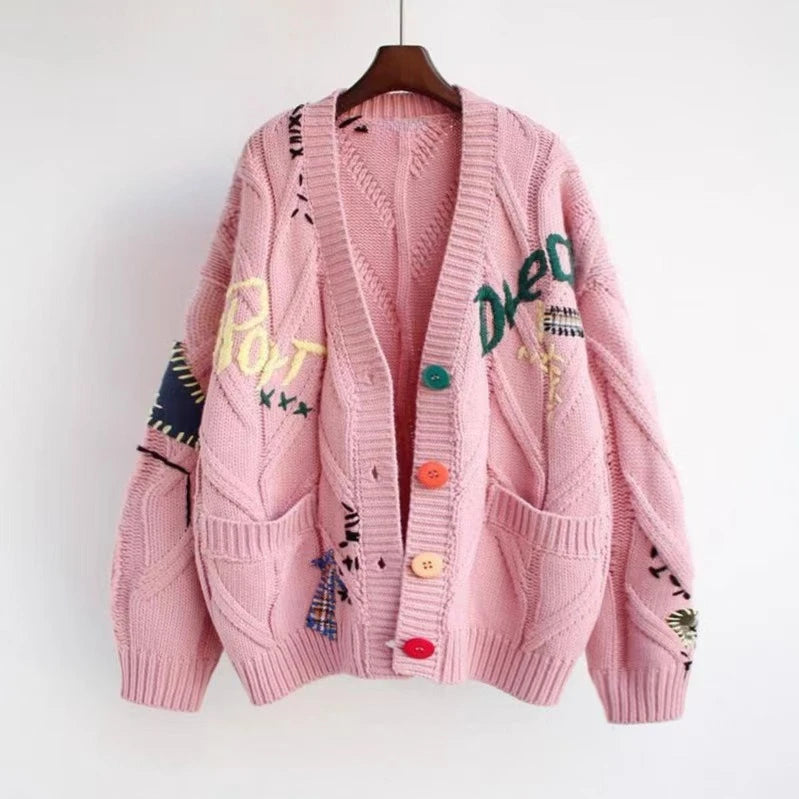 Letter Cable Knit V-Neck Cardigan with Embroidery and Pockets