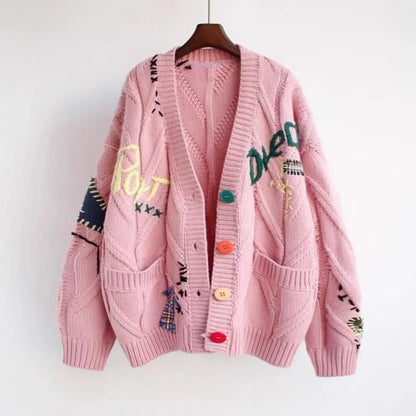Letter Cable Knit V-Neck Cardigan with Embroidery and Pockets