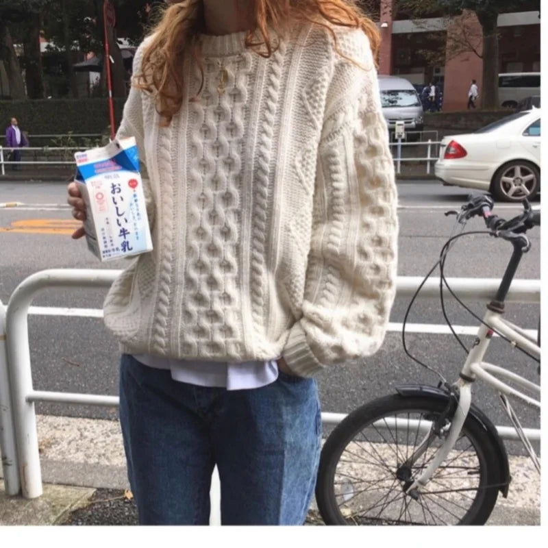 Wool Knit O-Neck Pullover Sweater with Puff Sleeves