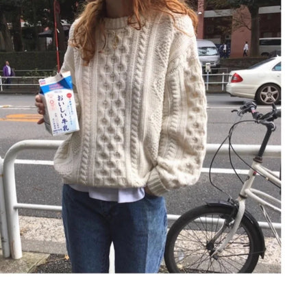 Wool Knit O-Neck Pullover Sweater with Puff Sleeves