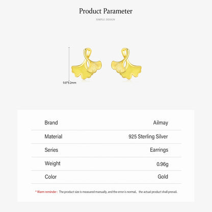 925 Sterling Silver Lucky Ginkgo Biloba Leaves Enamel Gold Plating Stud Earrings