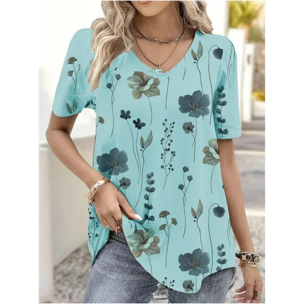 3d Flower Print Kawaii V-Neck