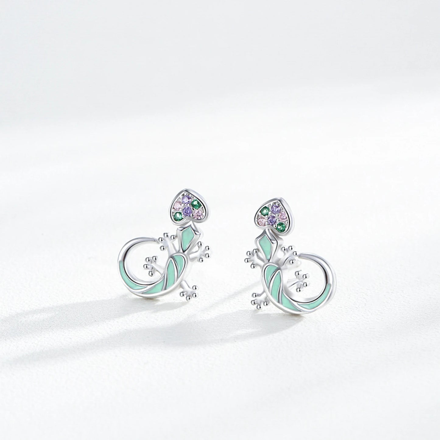 925 Sterling Silver Lizard Rainbow CZ Stud Earrings