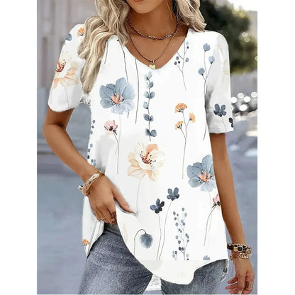 3d Flower Print Kawaii V-Neck
