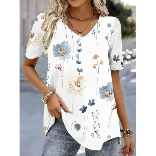 3d Flower Print Kawaii V-Neck
