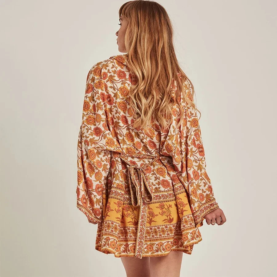 Boho Yellow Floral Print Kimono Blouse