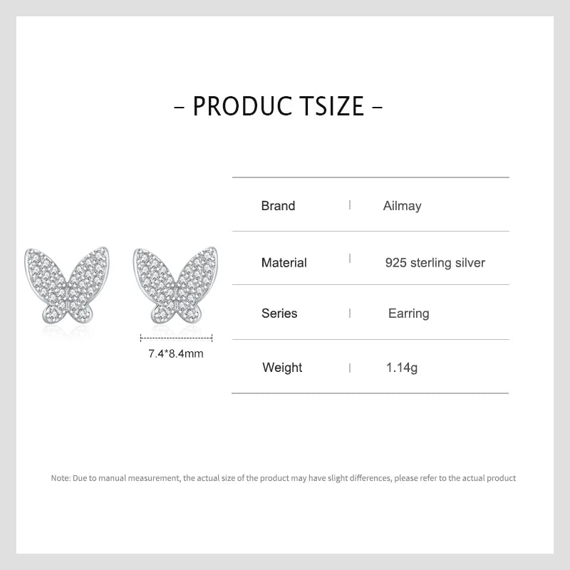 925 Sterling Silver Zirconia Charm Butterfly Stud Earrings