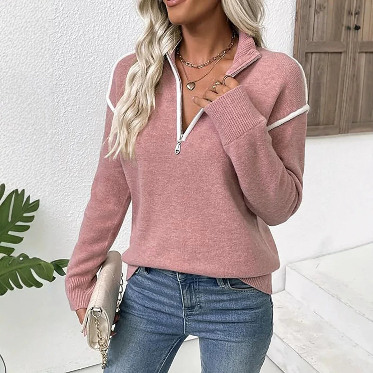 Half Zip Stand Collar Knit Sweater