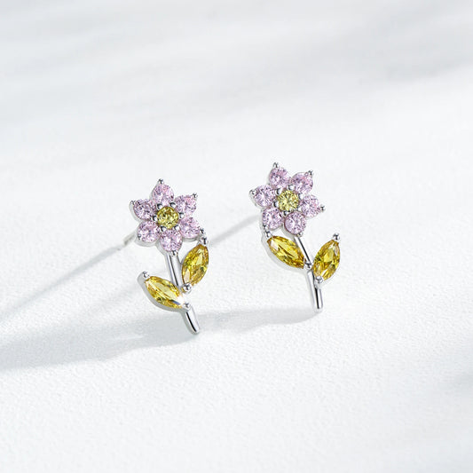 925 Sterling Silver  Cute Flower Rainbow Zircon Stud Earrings