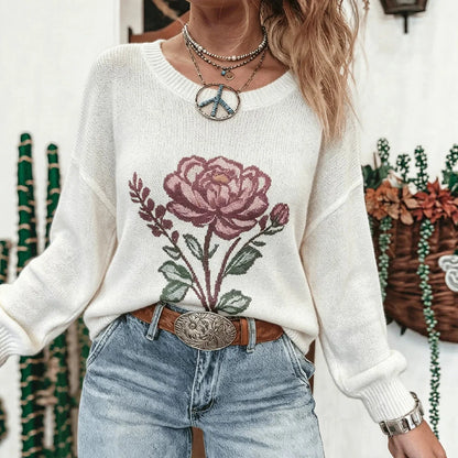 Bohemian Floral Knit Oversized Pullover Sweater for Women