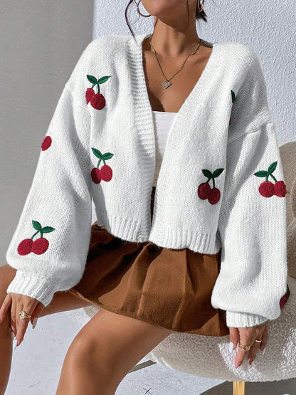 Low Shoulder Cherry Embroidery Pattern Cardigan