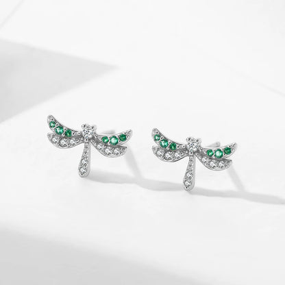 925 Sterling Silver Elegant Dragonfly Green CZ Stud Earrings