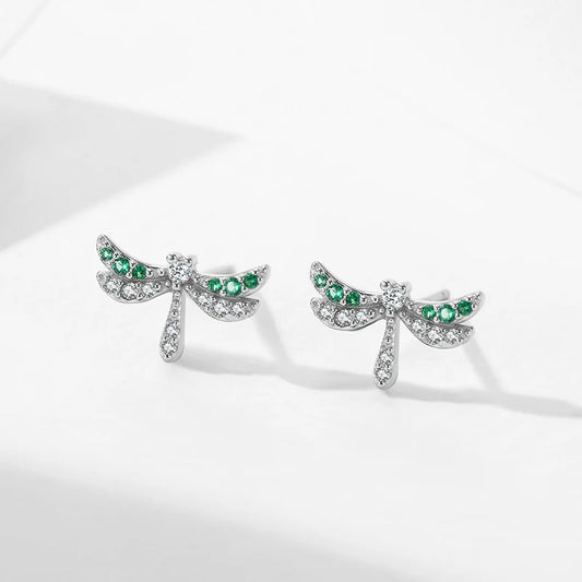 925 Sterling Silver Elegant Dragonfly Green CZ Stud Earrings
