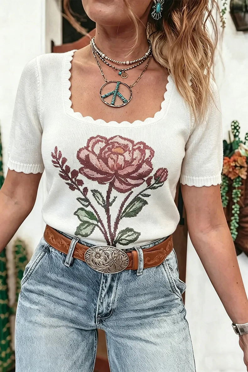 Bohemian Floral Knit Oversized Pullover Sweater for Women