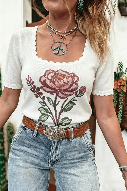 Bohemian Floral Knit Oversized Pullover Sweater for Women