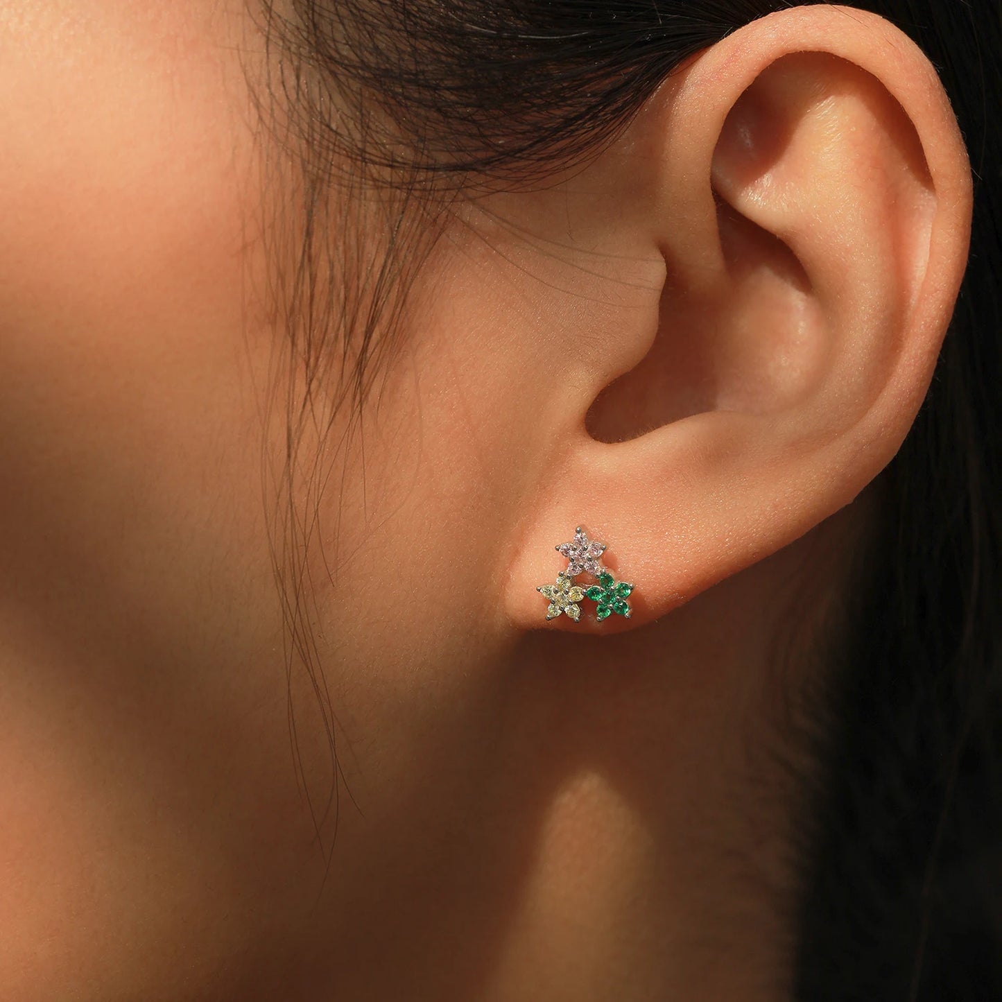 925 Sterling Silver Multi-Color Cubic Zirconia Flower Stud Earrings