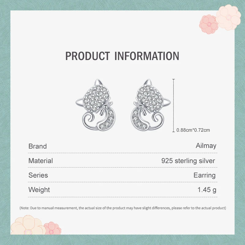 925 Sterling Silver Cute Cat Stud Earrings