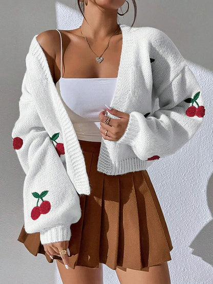 Low Shoulder Cherry Embroidery Pattern Cardigan