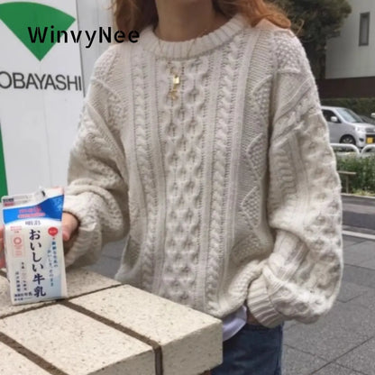 Wool Knit O-Neck Pullover Sweater with Puff Sleeves