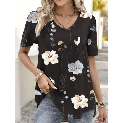 3d Flower Print Kawaii V-Neck