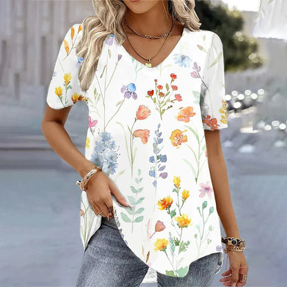 3d Flower Print Kawaii V-Neck