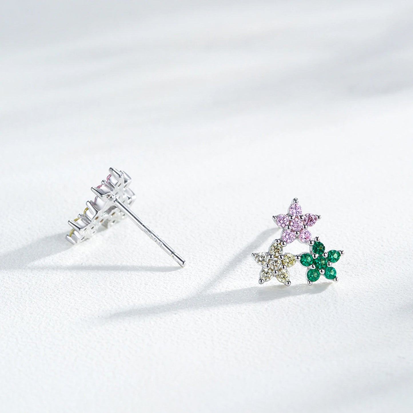 925 Sterling Silver Multi-Color Cubic Zirconia Flower Stud Earrings
