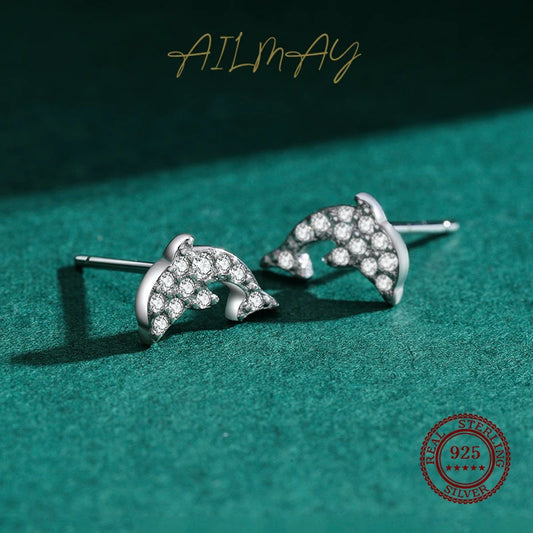 925 Sterling Silver Cute Dolphin Sparkling CZ Stud Earrings