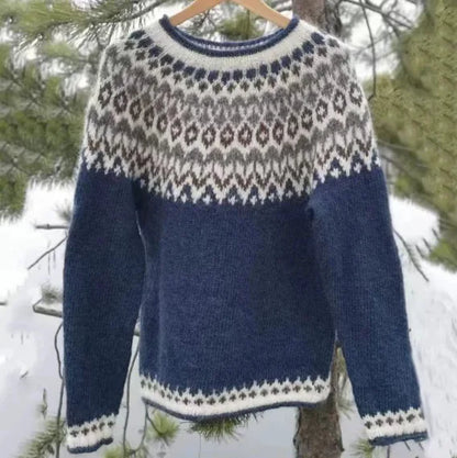 Women's Jacquard Knit Pullover Crew Neck Long Sleeve Sweater