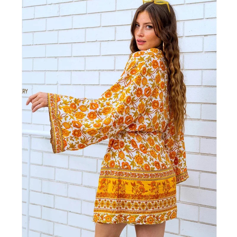 Boho Yellow Floral Print Kimono Blouse
