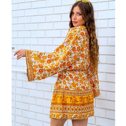Boho Yellow Floral Print Kimono Blouse