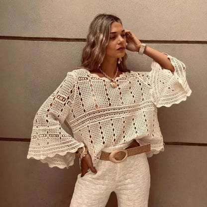 Flare Long Sleeve Cotton Crochet Blouse