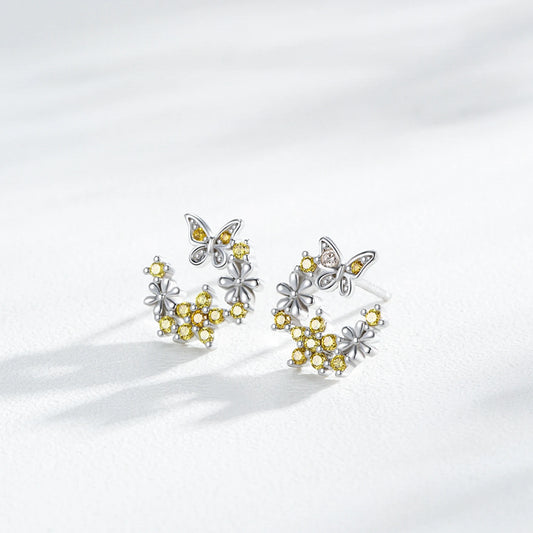 925 Sterling Silver Yellow Zirconia Butterfly Flower Stud Earrings