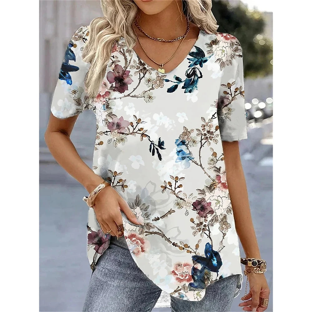 3d Flower Print Kawaii V-Neck