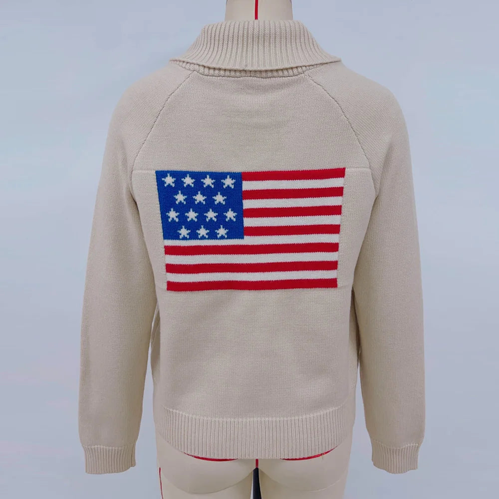 Women Flag Pattern Loose Knit V-Neck Sweater with Puff Sleeves
