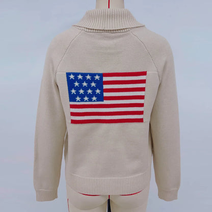 Women Flag Pattern Loose Knit V-Neck Sweater with Puff Sleeves