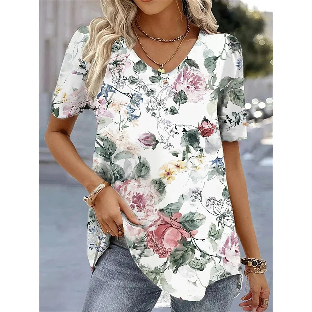 3d Flower Print Kawaii V-Neck
