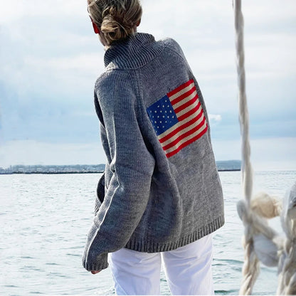 Women Flag Pattern Loose Knit V-Neck Sweater with Puff Sleeves