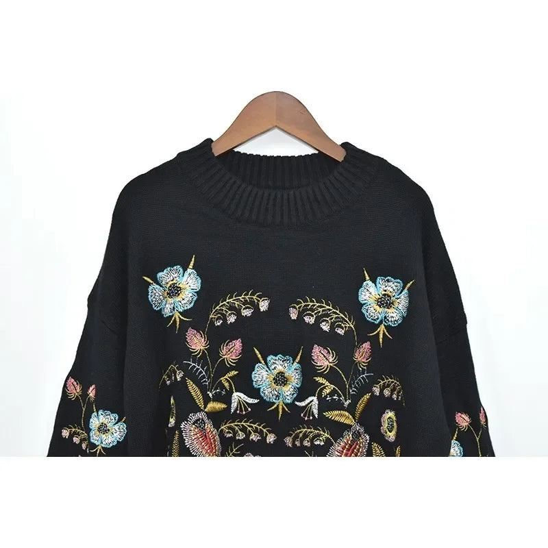 Women's Boho Black Floral Embroidery Knit Pullover Sweater