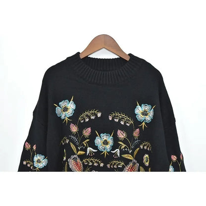 Women's Boho Black Floral Embroidery Knit Pullover Sweater