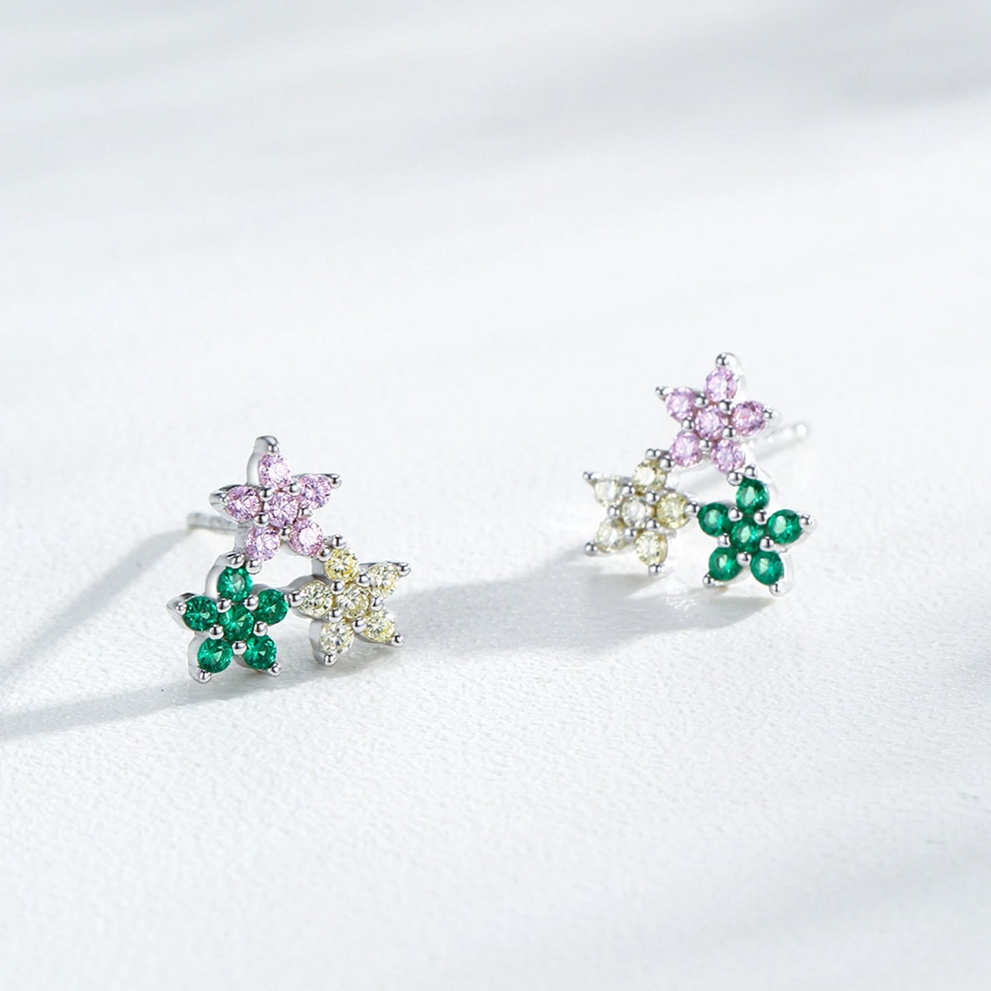 925 Sterling Silver Multi-Color Cubic Zirconia Flower Stud Earrings